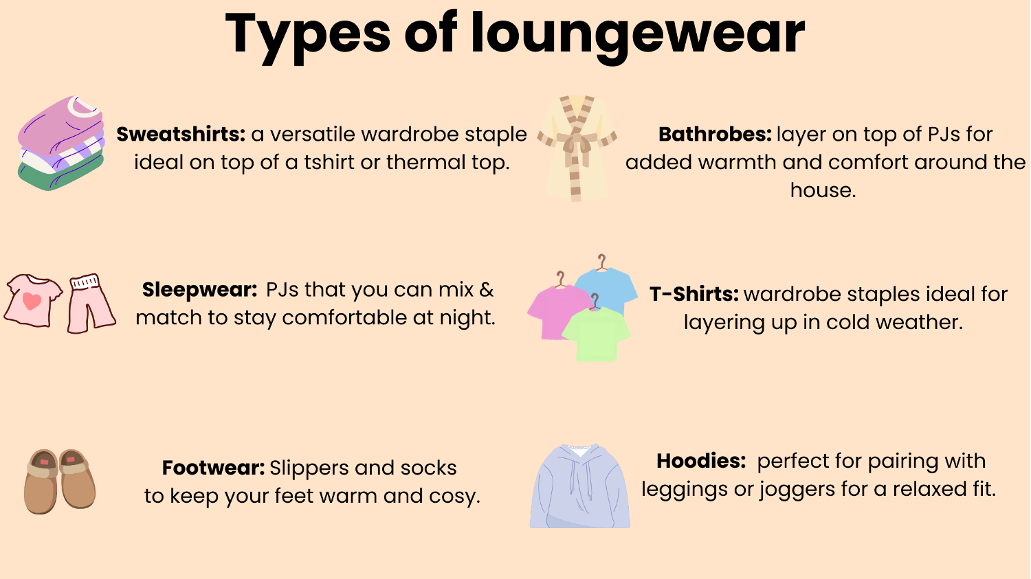 types of loungewear peach infographic