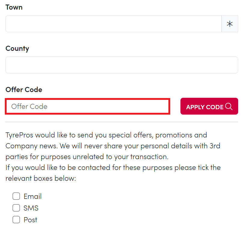 Tyre Pros Discount Code section in shopping basket, demonstrating where to redeem a voucher code
