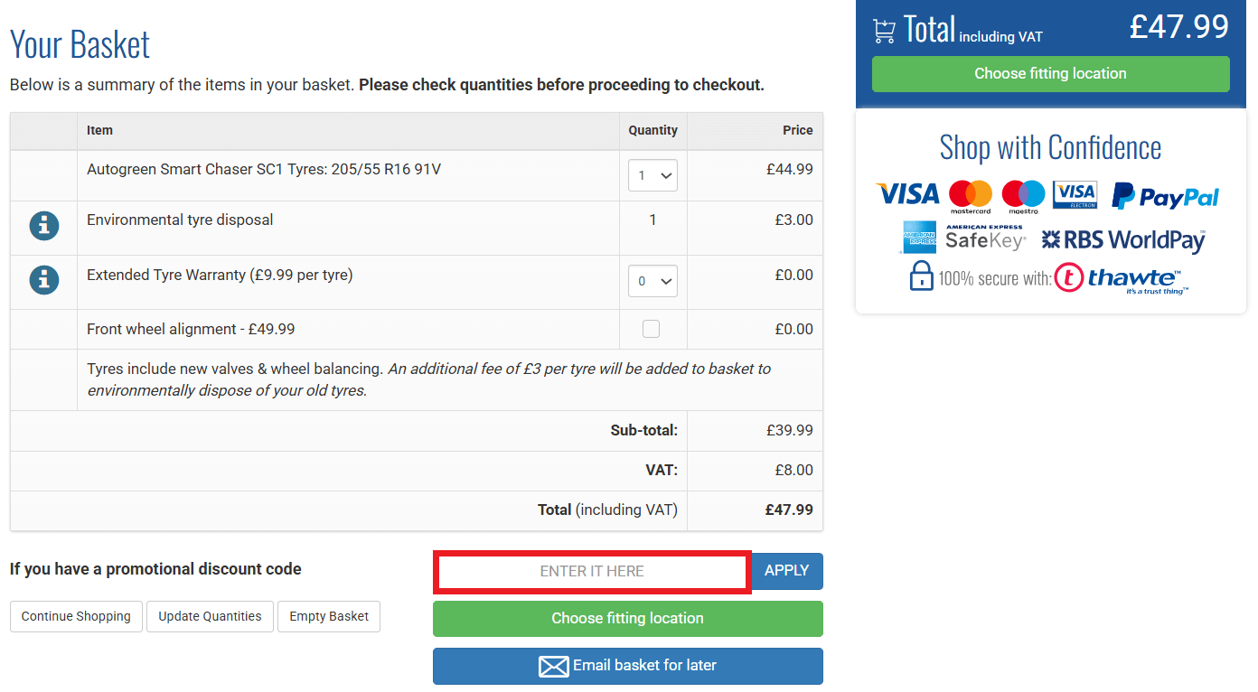 Tyre Shopper discount code redemption box image