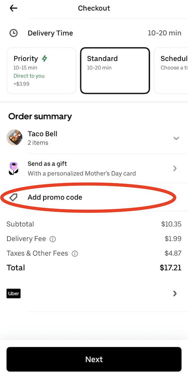 red circle around uber eats add promo code