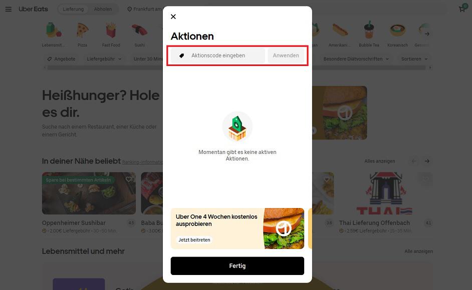 Screenshot aus dem Warenkorb mit Feld, wo du den Uber Eats Gutschein anwenden kannst