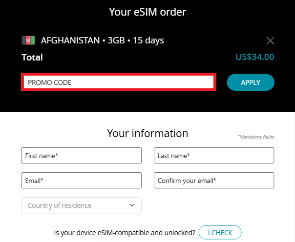 Ubigi discount code box during checkout image