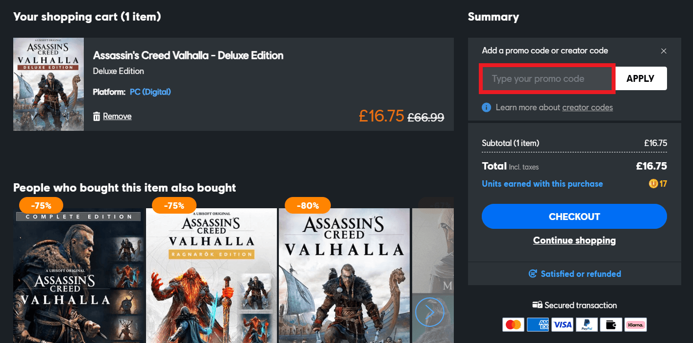Ubisoft discount code redemption box in shopping basket