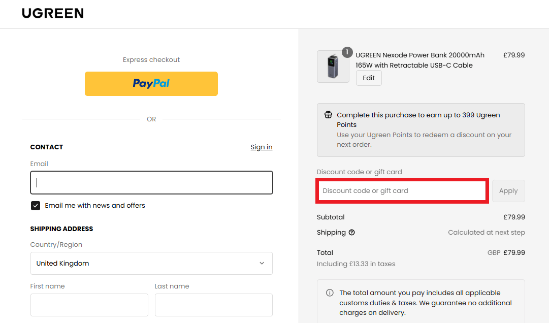 Ugreen discount code redemption box image