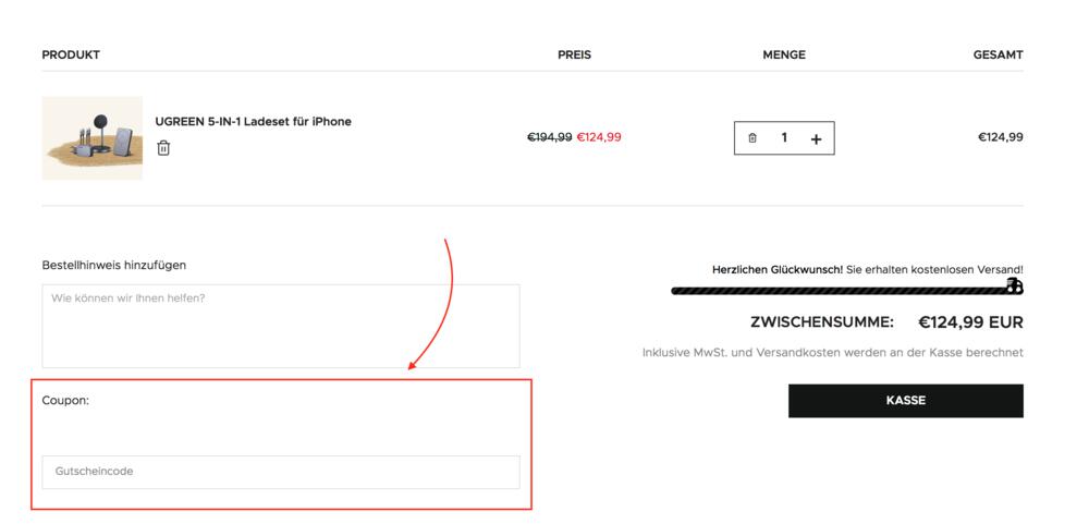 Warenkorb-Screenshot mit Eingabefeld für deinen Ugreen Gutschein