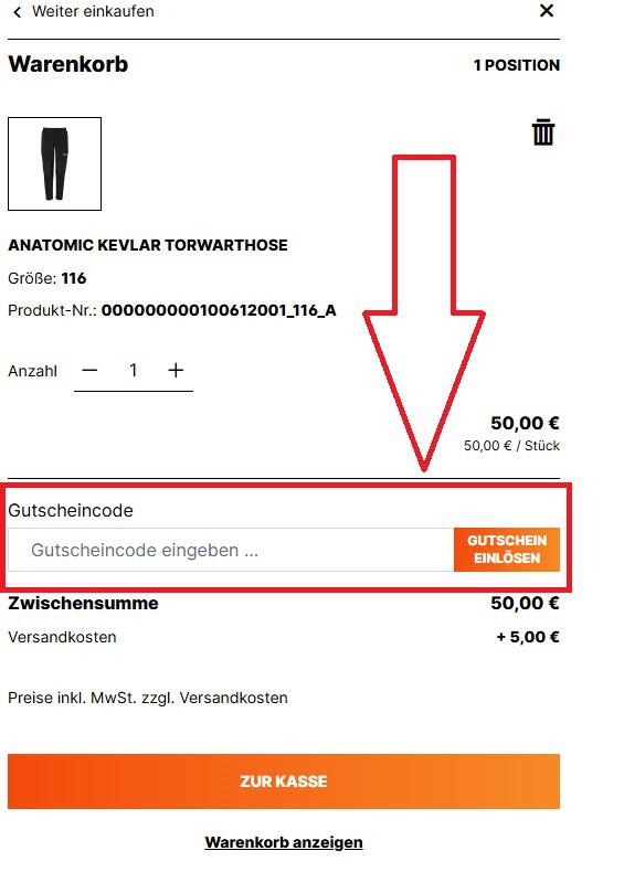 Screenshot vom Eingabefeld mit Hinweis darauf, wo du deinen Uhlsport Gutschein einlösen kannst