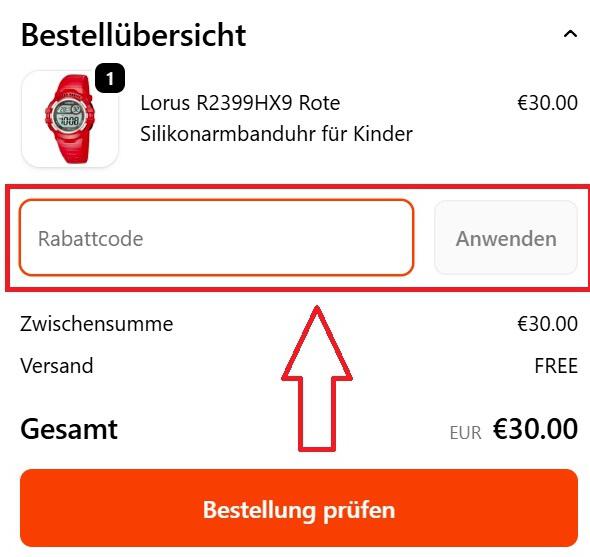 Screenshot vom Eingabefeld mit Hinweis darauf, wo du den Uhr & Uhr Gutschein einlösen kannst