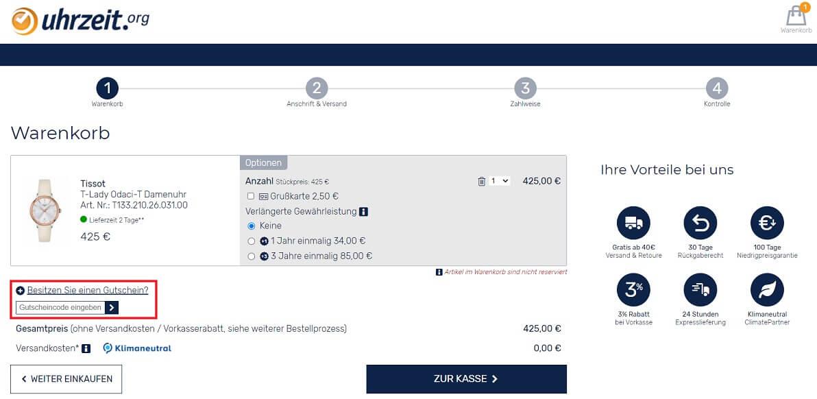 Screenshot aus dem Warenkorb mit Eingabefeld für den Uhrzeit.org Gutschein