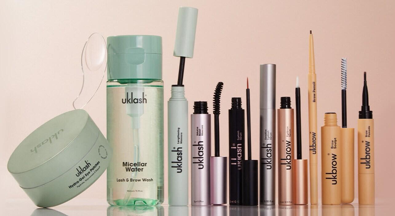 UKLASH how to save guide - Image features beauty products lined up in a row