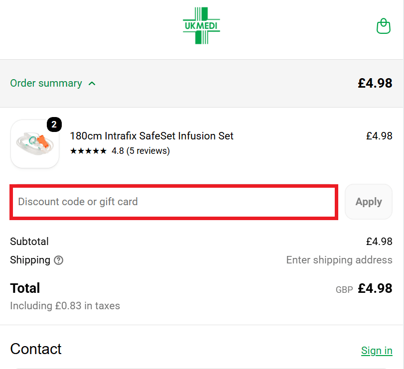 UKMEDI discount code box in shopping basket