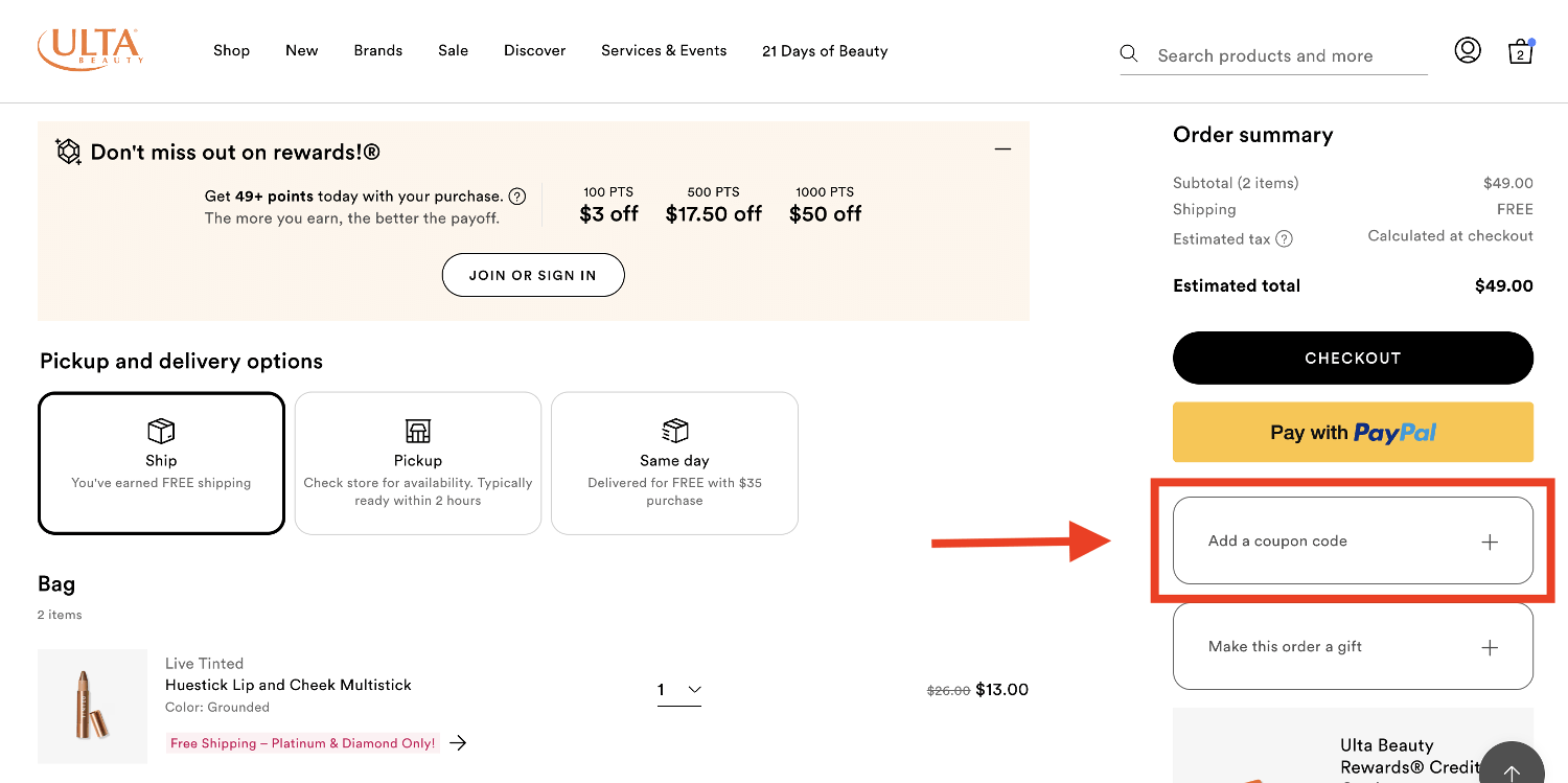 Ulta promo code box on checkout page