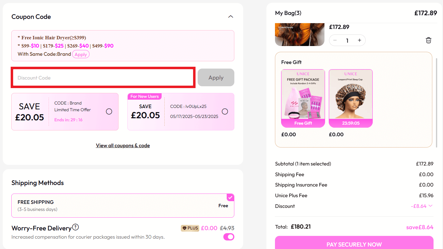 UNice discount code box in shopping basket image