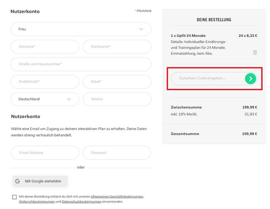Screenshot aus dem Warenkorb mit Eingabefeld zum Einlösen vom Upfit Gutschein