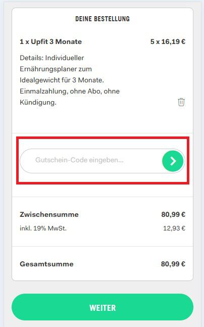 Eingabefeld für einen Upfit Gutscheincode beim Checkout
