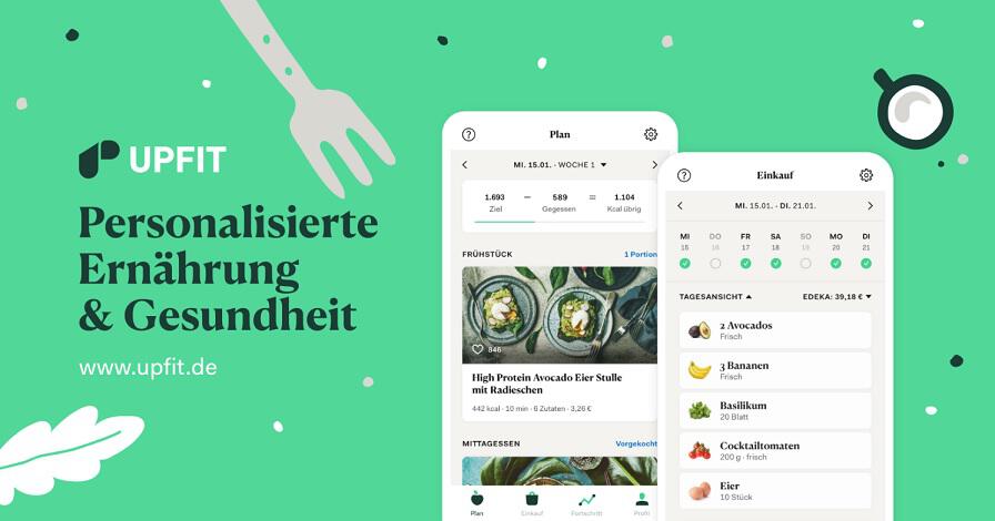 Smartphone mit Upfit App vor grünem Hintergrund als Banner der Upfit Gutscheinseite