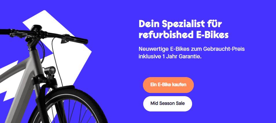 blaues Banner für die Upway Gutscheinseite mit Foto eines E-Bikes und Aufschrift "Dein Spezialist für refurbished E-Bikes – Neuwertige E-Bikes zum Gebraucht-Preis inklusive 1 Jahr Garantie"