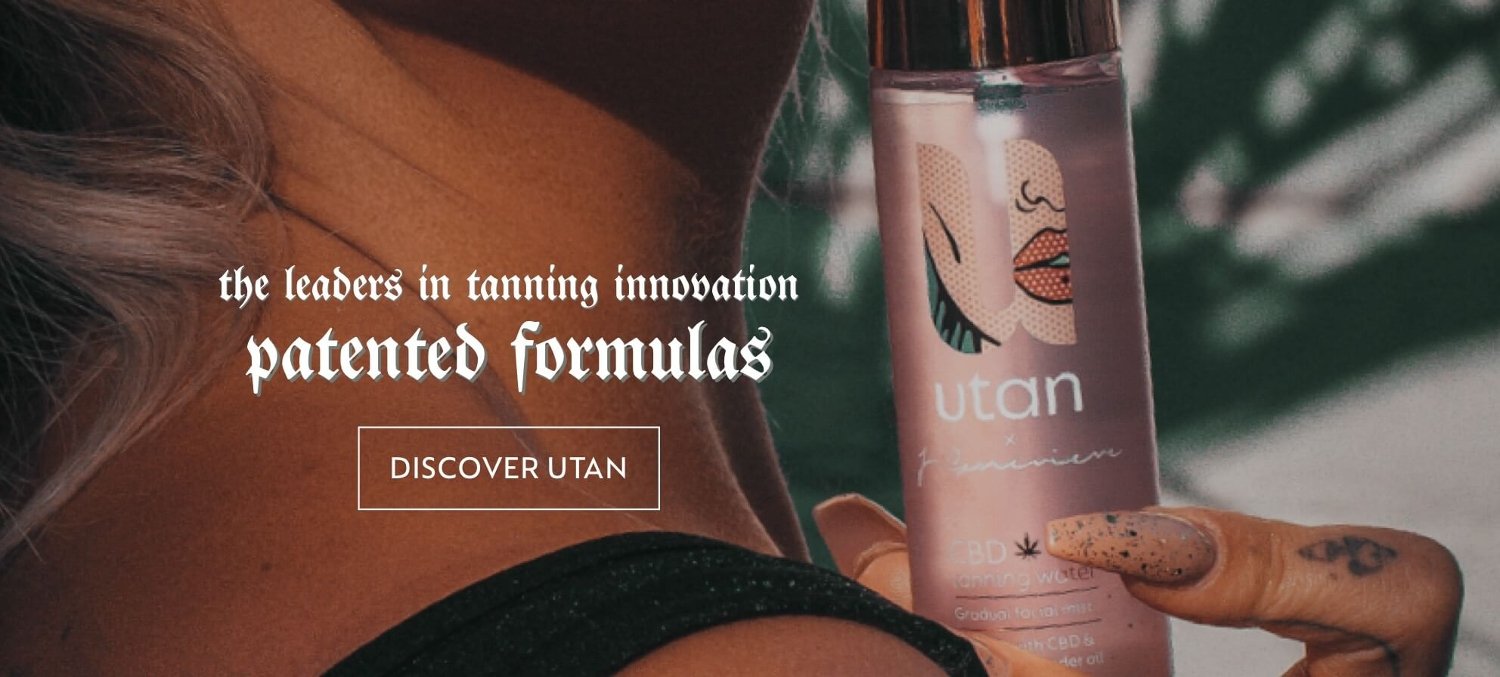 Woman with tanned skin holding a bottle of Utan tanning water. Text reads: Leaders in tanning innovation . Patented formulas. Discover Utan.