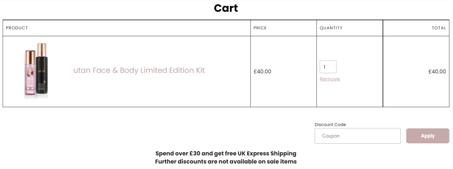 Screenshot of the Utan discount code application box on the Utan website