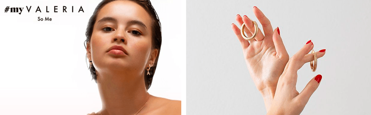 Model mit bei Valmano erhältlichen Ohrringen in Gold