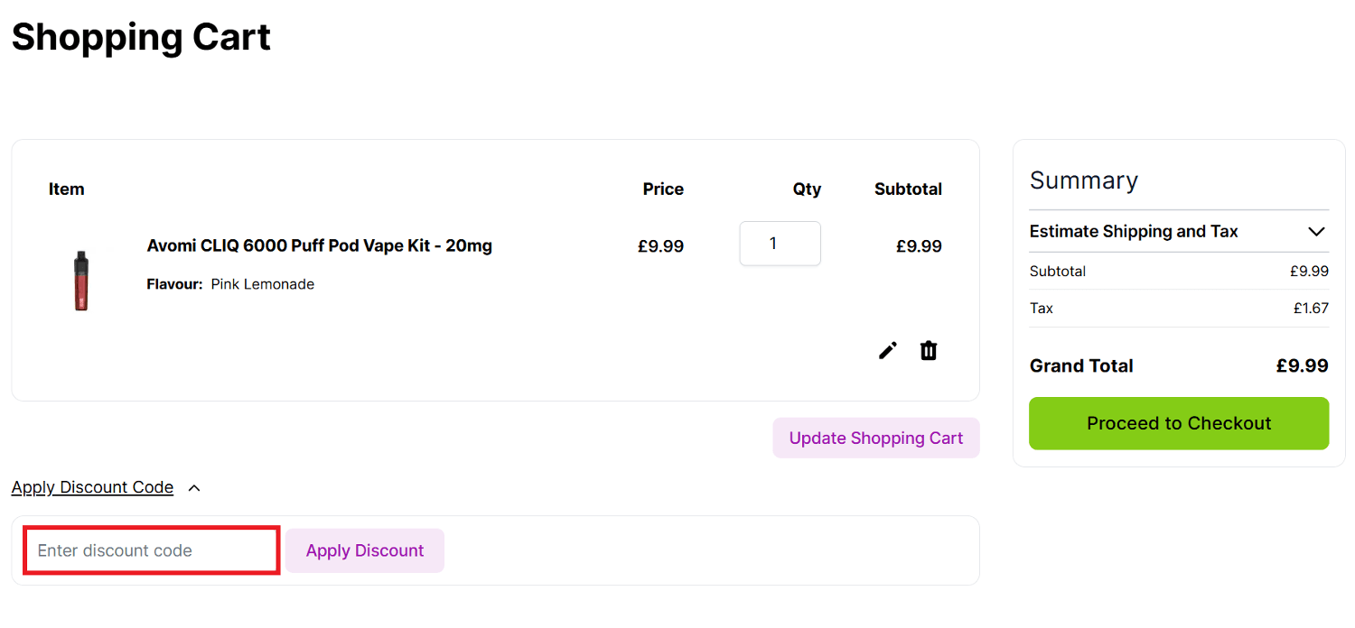 Vampire Vape discount code box during checkout image