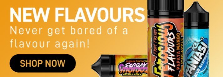 Vapoholic - Selection of products. Text says &apos;New flavours, never get bored of a flavour again&apos;