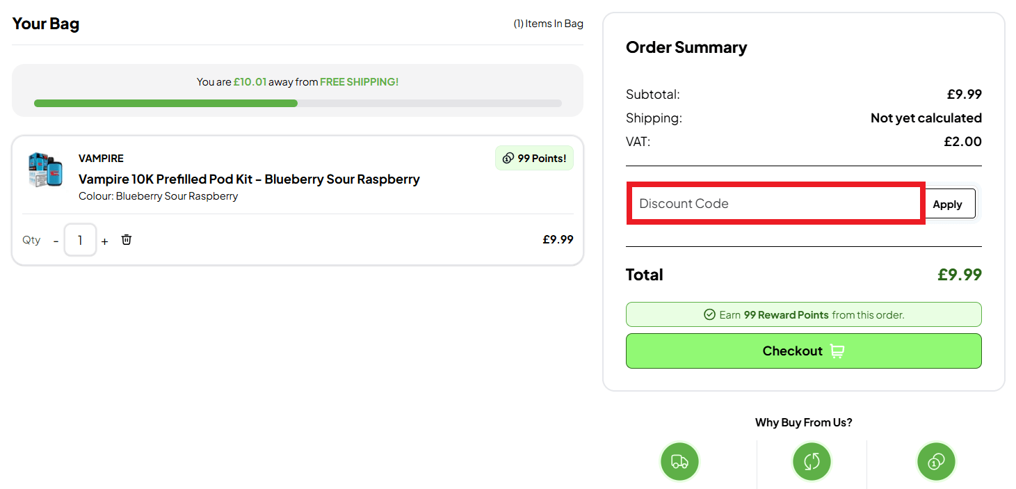 Vapouriz discount code box in shopping cart image