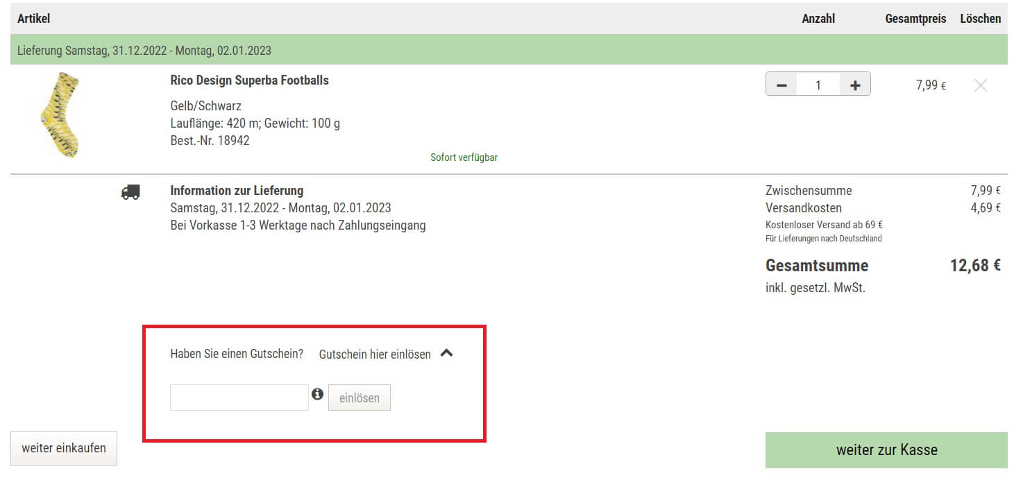 Eingabefeld für einen VBS Hobby Gutschein im Warenkorb