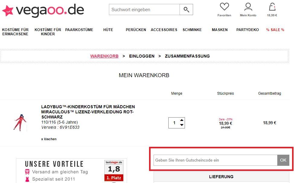 Vegaoo Rabattcode im Warenkorb einlösen