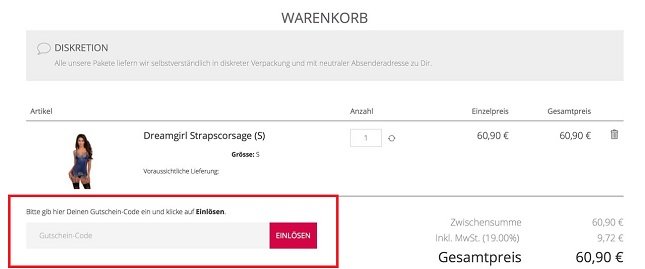 Eingabefeld für einen Venize Gutschein im Warenkorb des Onlline Shops