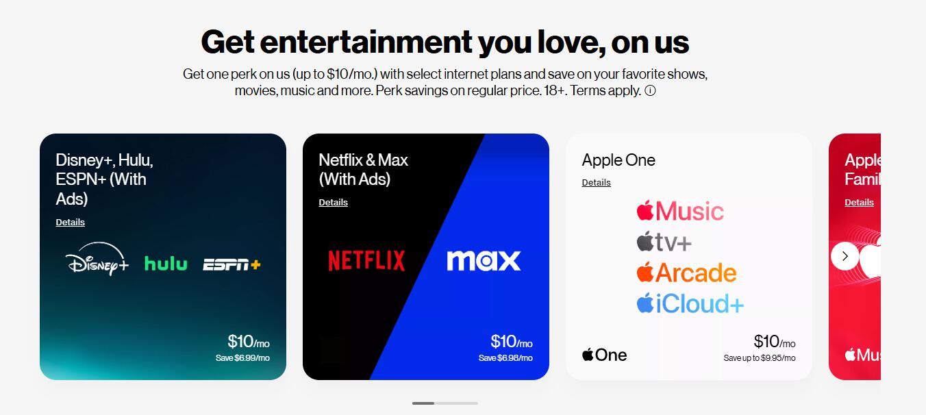Verizon Home Internet streaming service perk add-ons