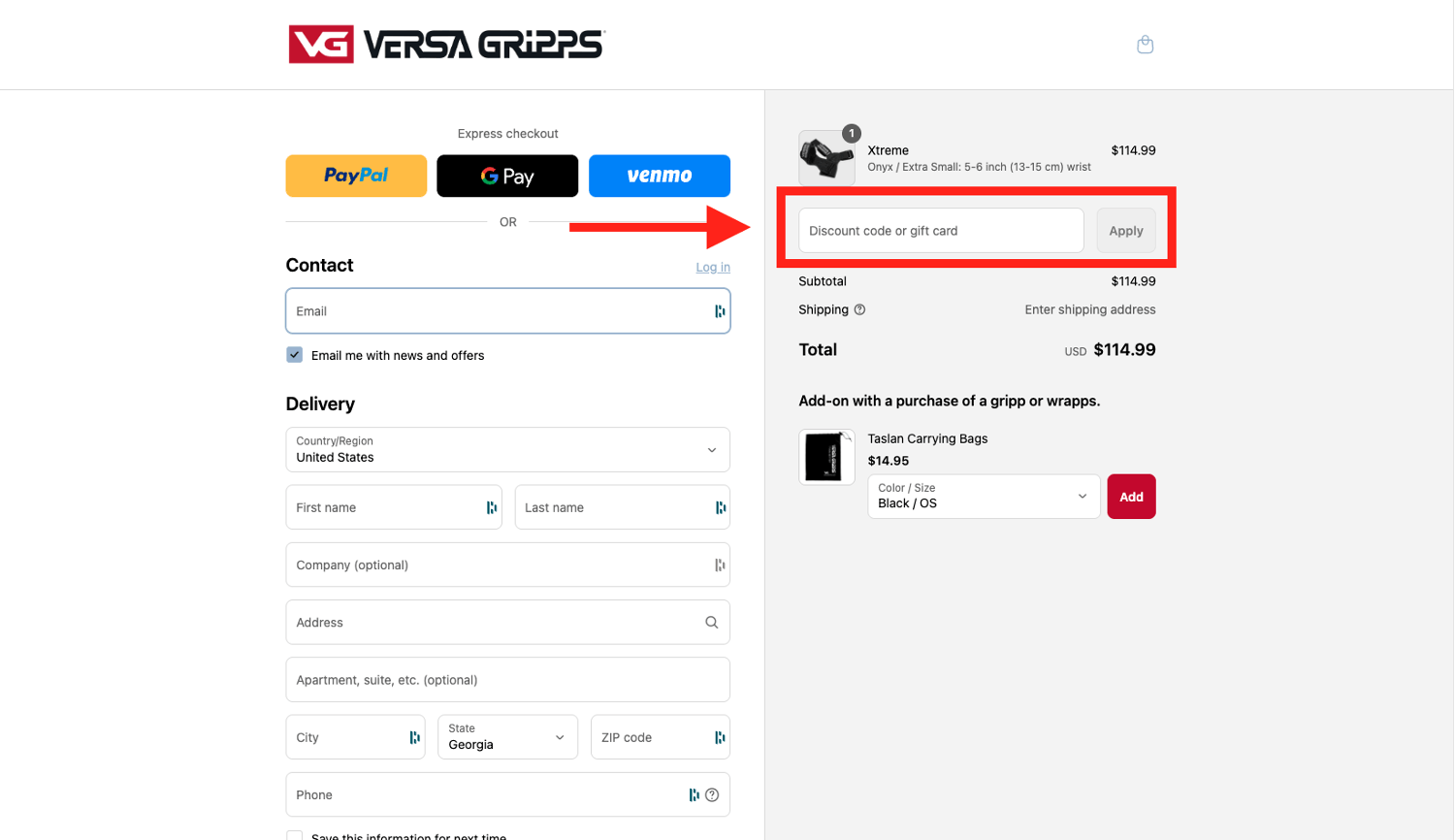 Versa Gripps coupon code box on checkout page