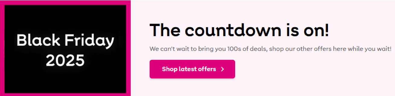 very black friday banner from website featuring black and pink colours