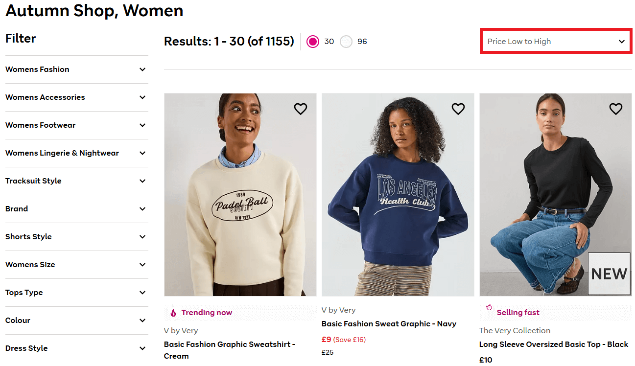 very page filters image showing autumn womenswear filtered by price, with lowest first