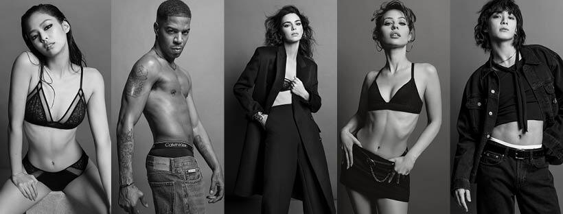 Photo en noir et blanc de 5 mannequins portant des vêtements Calvin Klein