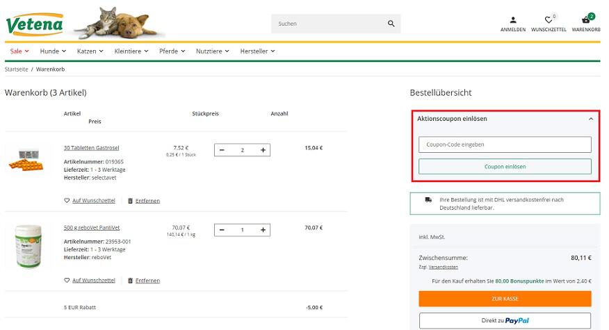 Screenshot aus dem Warenkorb mit Hinweis darauf, wie du den Vetena Gutschein einlösen kannst