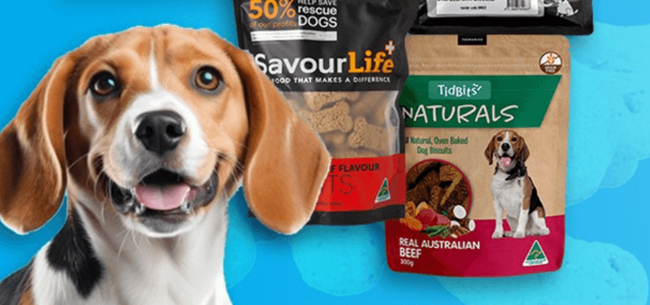VetSupply deals page image showing a happy dog next to sachets of dog treats on a blue background