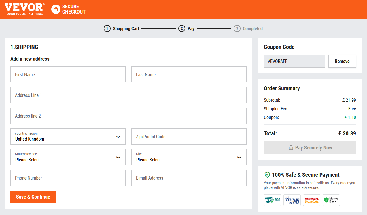 Vevor discount code application box on the checkout window