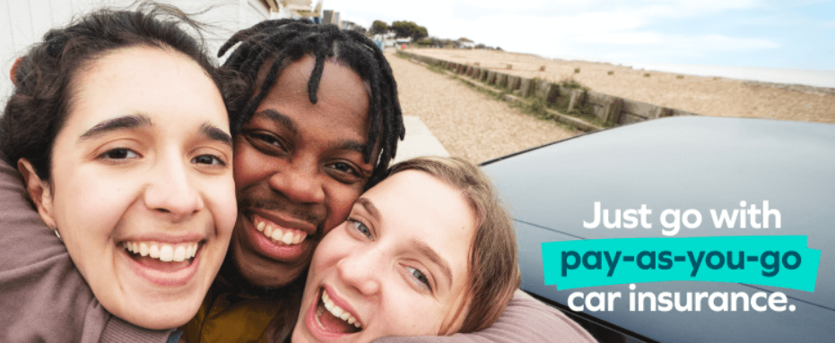 Veygo savings banner showing a close-up of 3 friends smiling next to a car, with the text Just go with pay as you go car insurance