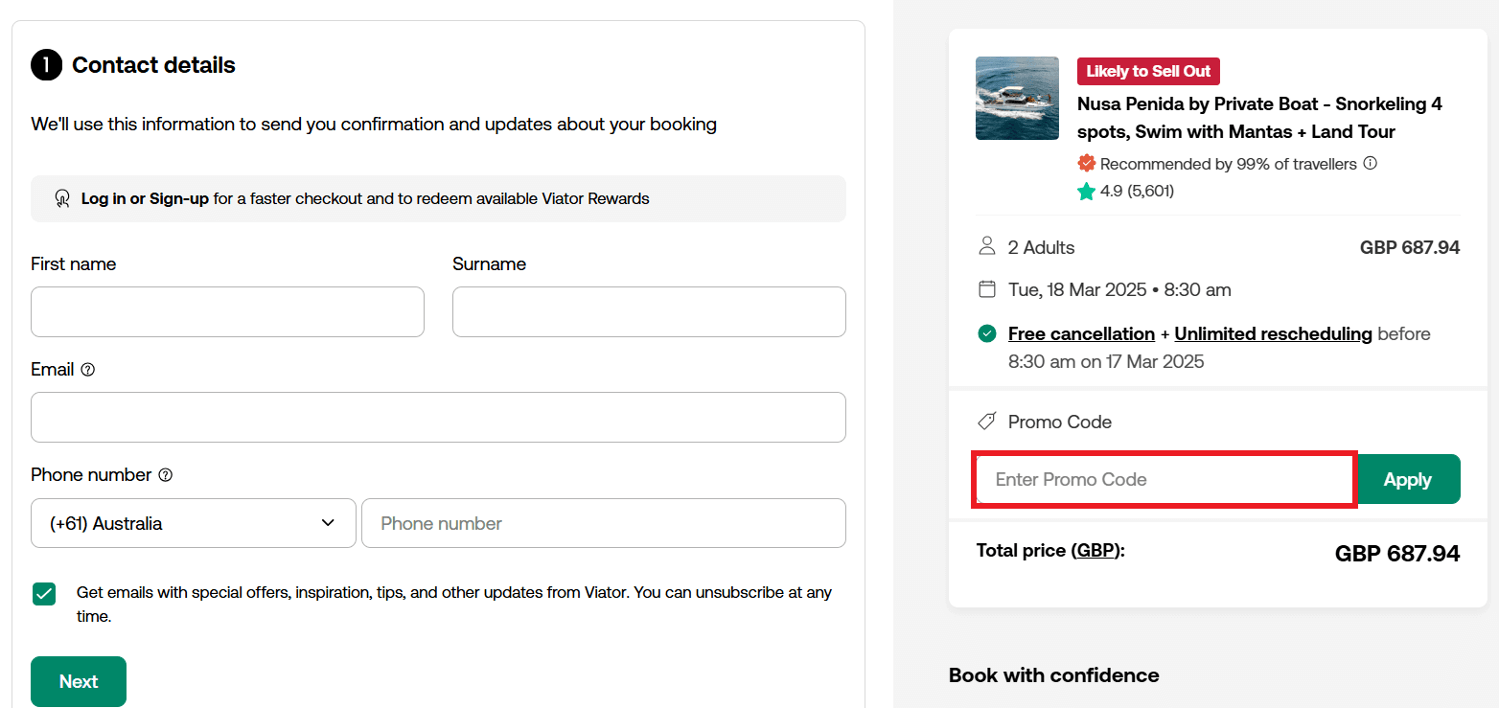 Viator discount code redemption box during booking process