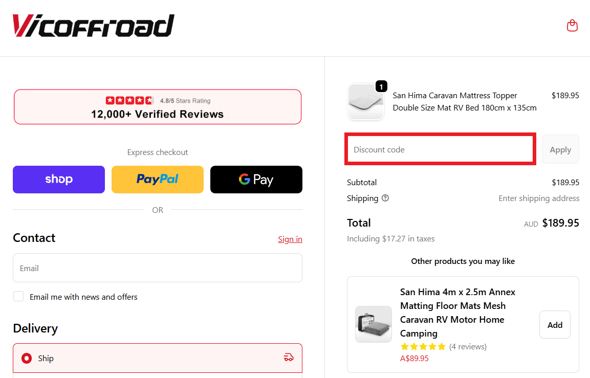 VicOffroad discount code box during checkout