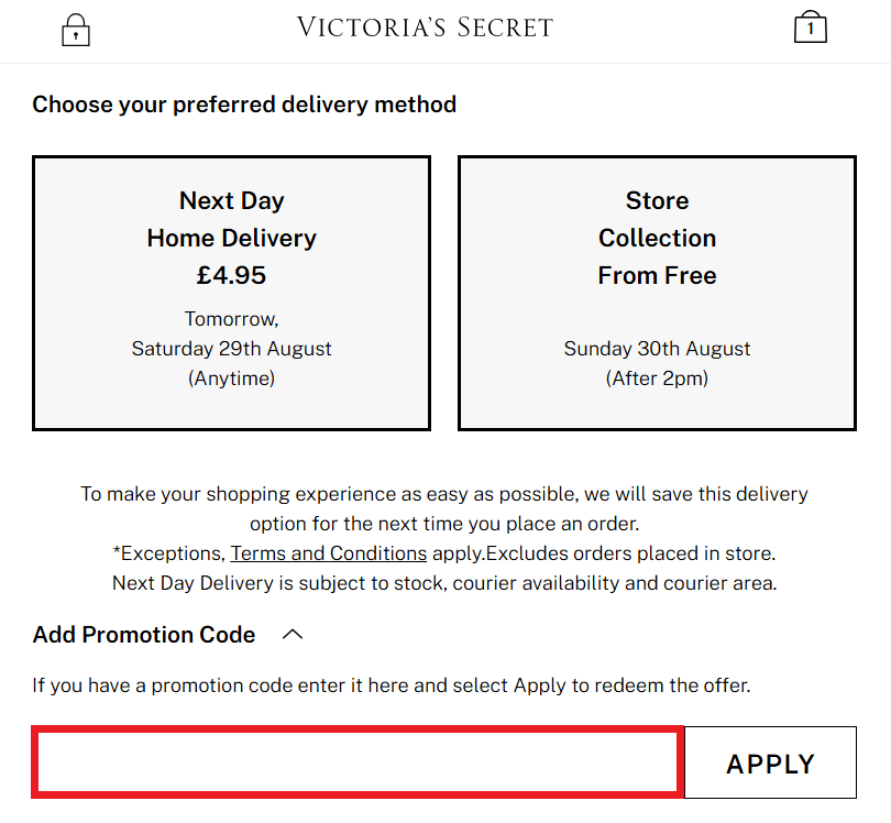 Victoria's Secret discount code redemption box