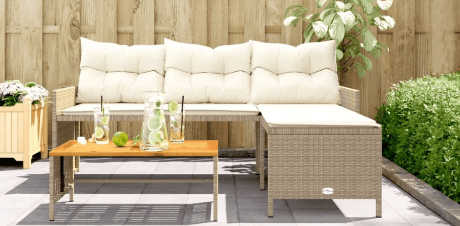 VidaXL deals page banner showing a rattan outdoor sofa with cream cushions
