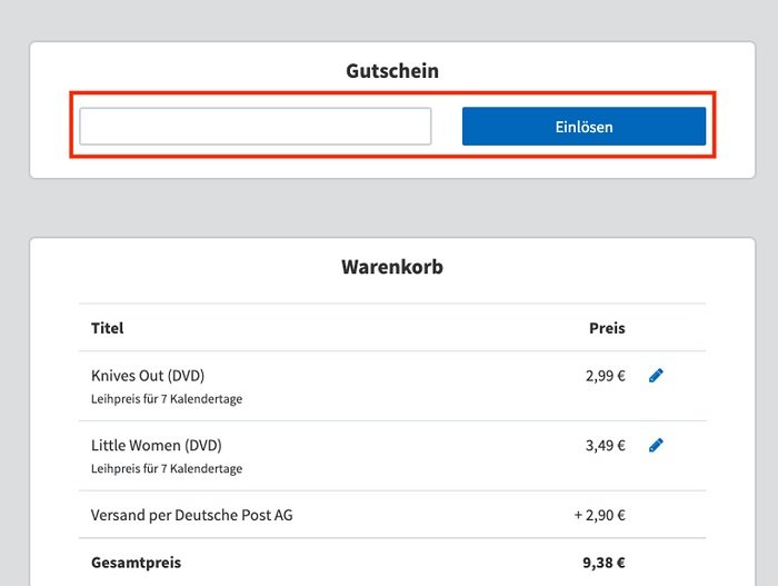 Eingabefeld für Videobuster Gutscheine