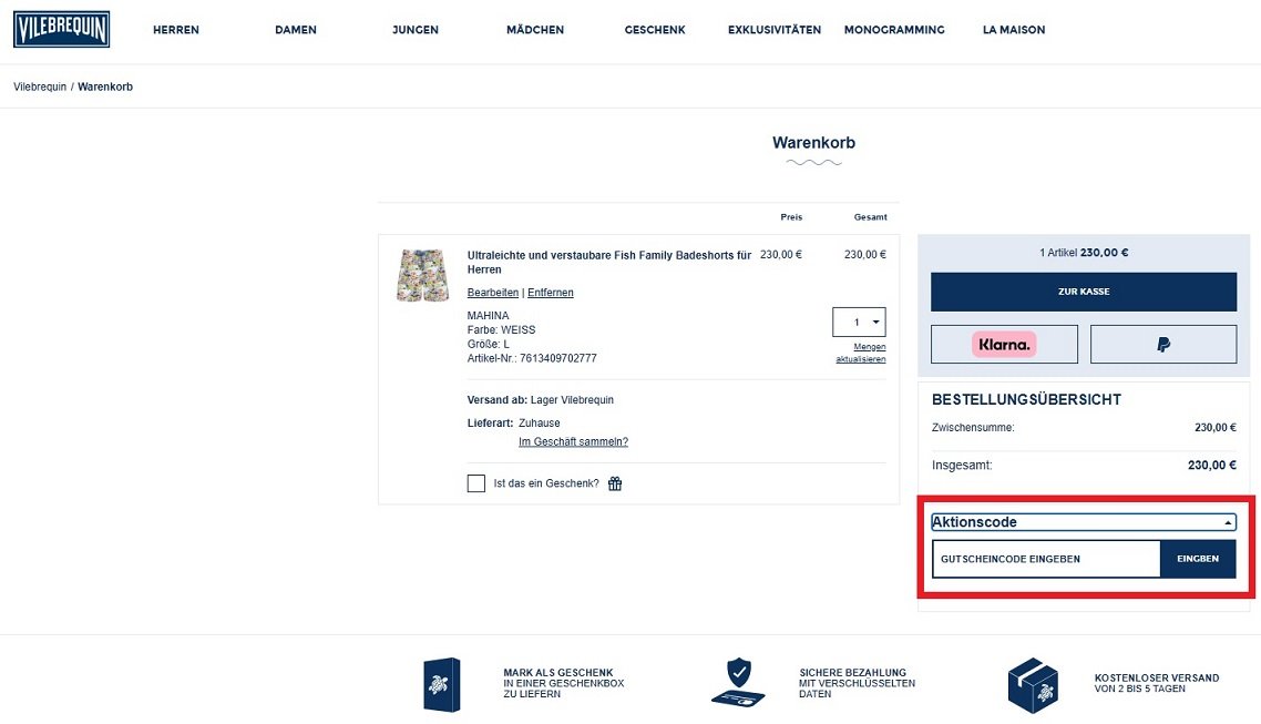 Screenshot aus dem Warenkorb mit Eingabefeld für den Vilebrequin Gutschein