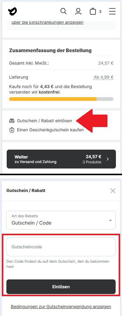 Veranschaulichung der Einlöseschritte von einem Vilgain Gutschein