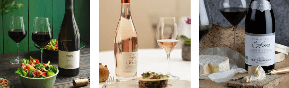 Vinatis wine deals banner - 3 diffrent wines with glasses and food