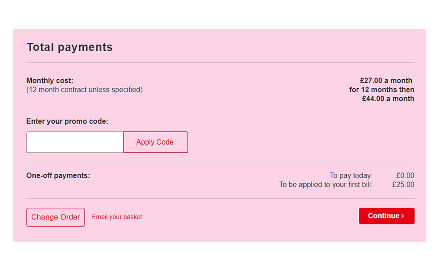 Virgin Media promo code box during checkout