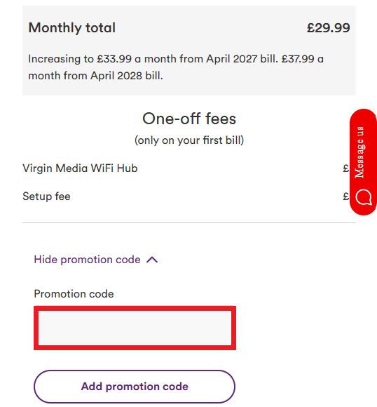 Virgin Media promo code box during checkout
