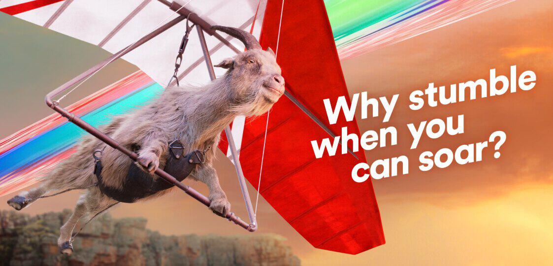 virgin media savings tips banner showing a goat paragliding with the text &apos;why stumble when you can soar?&apos;