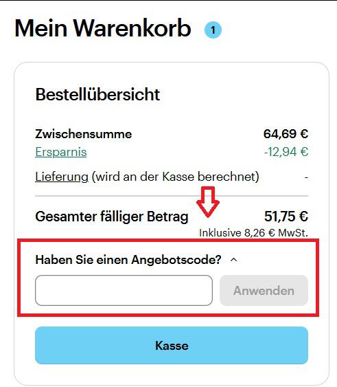 Warenkorbansicht mit Feld zum Einfügen des VistaPrint-Gutscheins